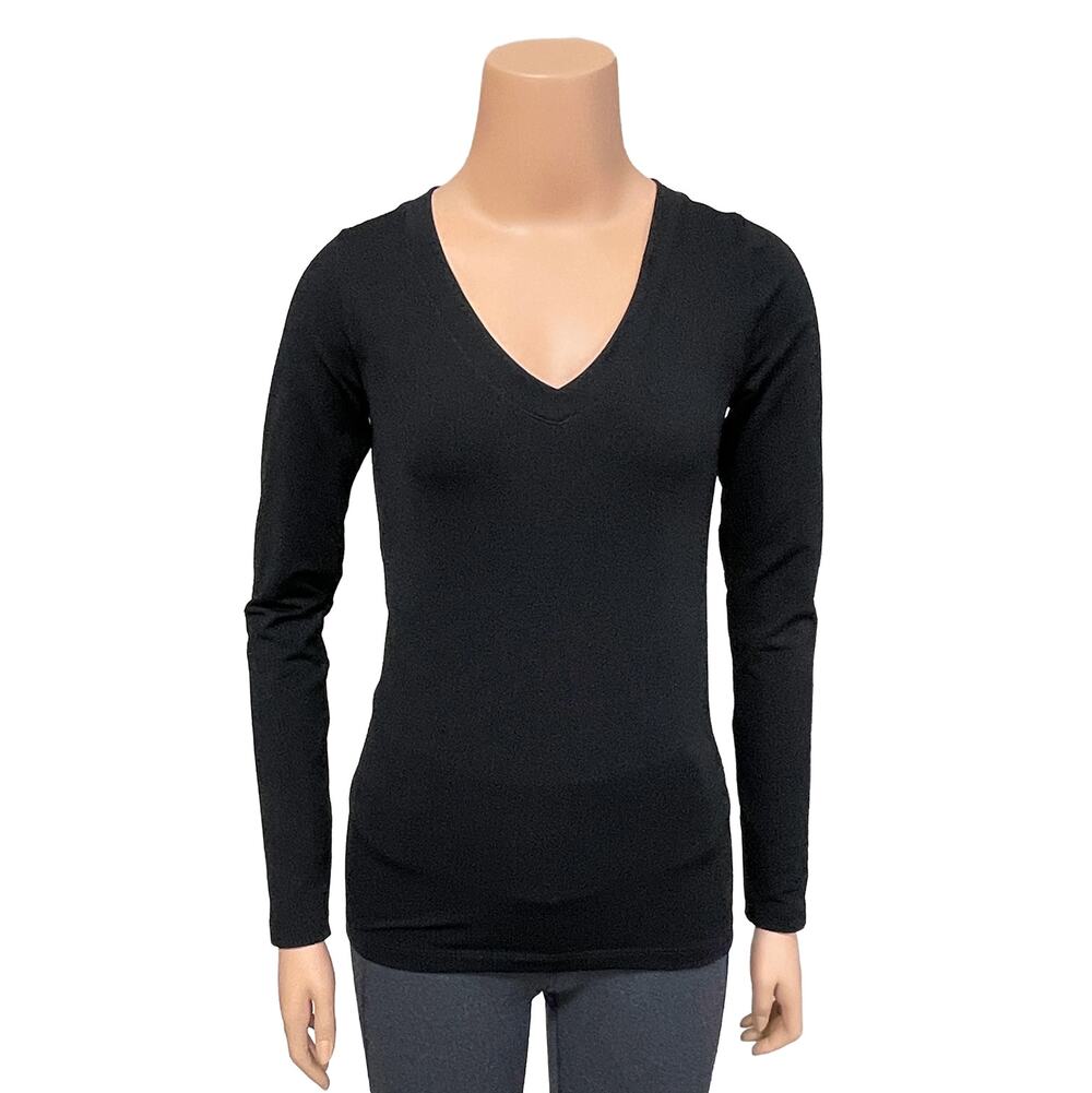 Athleta Renew Seamless V-Neck Top Sz XS Black Fitted Long Sleeve Tee Ribbed